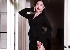 In nature's garb East Oriental trans woman with lengthy ebony hair fingers her booty in advance of straddling and riding her partner on a polishe
