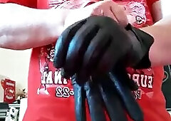 Handjob with leather gloves