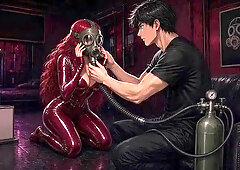 Vicky in Thick Wine-Red Latex and Gas Mask, Breath-Play Valve Control with Duck until She Squirts