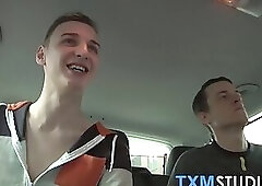 Young gay spitroasted in threeway after picked up by car