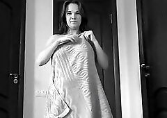 Hairy cunt pisses on the floor and in the toilet. A mature beauty with big tits and a sexy ass
