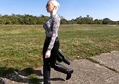 Leather Love - Katya Walking Outdoors In Three Leather
