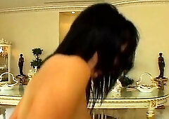 Amazing darksome-haired pornstar hottie gives a admirable head to this chubby schlong previous to getting her butt banged hard until eating throat.