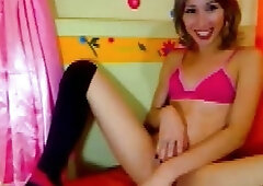 CukeGirls.Com - Pink Dildo Amateur Shemale Webcam Solo Masturbate in Stockings