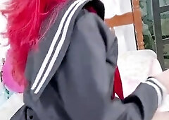 Glamourous redhead toys ass solo