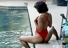 Curvy latina teen model Mia Valentine dips hot busty body in the pool