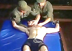 Gay jock tied up by military guys for fetish tickling