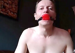 Self Bondage Jerk Off - Ball-Gagged Guy in Cuffs and Chains Cums Hard