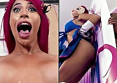 Sarina Valentinas Big-Ass Shemale Ass Grips Massive Rainbow Dildo for Relentless Bareback