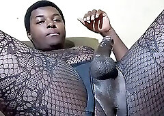 Cute big ass bottom in pantyhose stroking his dick until he cums