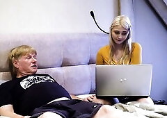 This babe busted him red-handed getting turned on to impure vids, but instead of shaming him, this sexy golden-haired hopped right on his lap. See her