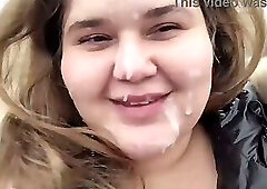 Huge facial of a cute BBW blonde with big breasts in inclement weather
