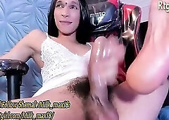 long black haired skinny latina trans cutie in white lingerie jerks off her big monster cock