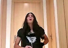 Sissy maid rides dildo while wanking