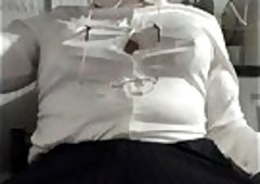 Granny showing the wet spot on panties