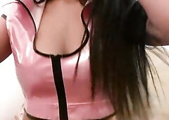 POV close-up: a brunette hair in a shiny latex petticoat and sheer hose straddles u and sluggishly grinds her nylon-overspread snatch up and down your