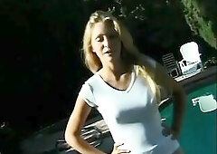 Lewd coed rubs sex-toy on her ally's clitoris and constricted moist snatch outdoor